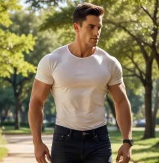 An athletic man stands confidently, showcasing a well-defined physique with broad shoulders and a tapered waist. He has short, dark hair neatly styled, complementing his chiseled jawline and strong cheekbones. His skin tone is a warm olive, hinting at an active lifestyle. Dressed in fitted black jeans that accentuate his muscular legs, he pairs them with a sleek, fitted white t-shirt that highlights his toned arms and chest. His expression is focused yet approachable, with a slight smile that conveys determination and positivity. He leans slightly forward, hands on his hips, exuding an air of readiness and energy. The background features a vibrant urban park, with green trees and a clear blue sky, suggesting an outdoor workout or casual day out. Sunlight casts soft shadows, enhancing the contours of his physique and the texture of his clothing.