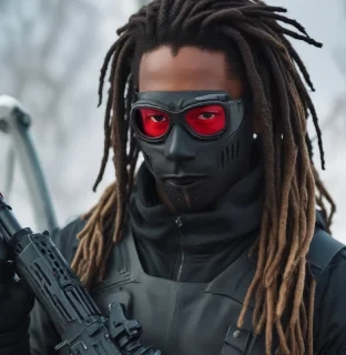 red eyes black guy wearing a ski mask with a gun and with dreads