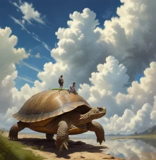 Surreal fantasy illustration, weird, strange, surreal style, by greg rutkowski, A couple on a huge turtle, giant eye clouds