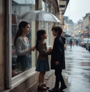 there is a boy at the window and looking at a girl who is walking on the street. It rains and she doesn't have an umbrella
