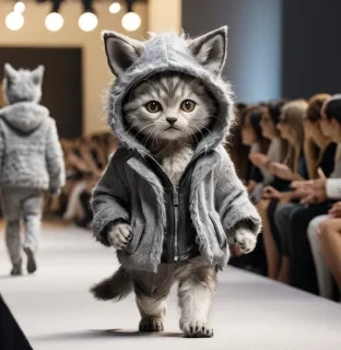 Create a detailed, photorealistic image of an anthropomorphic Mankikon stumpy kitten walking down a fashion catwalk in a wolf-themed costume. The kitten is wearing a fluffy grey wolf costume with pointy ears and walking next.