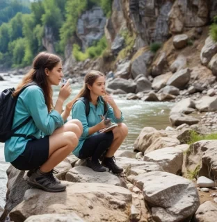 teenagers engaged in geology in the mountains by the river, where the beautiful nature, very beautiful, in the presence of a young woman leader. teenagers are very interested in what they do, it makes them better and happier. no gadgets, no phones, no internet