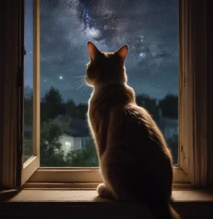 The night sky is visible outside the window, where the Orion constellation glows softly. The woman feels a deep connection to the stars, as if the cat is a messenger of ancient wisdom, bringing love and guidance to her life.