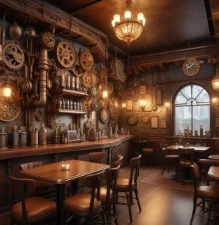 steampunk style style): steampunk (masterpiece: 1.8, digital art: 1.2). cafe interior (interior design) in the style ("steampunk"): tables and chairs, bar counter with a coffee machine, (name of the cafe on the wall: 1.5), ((fragrant, steaming coffee in cups: 1.2) on the tables attributes style: an atmosphere where technology has stepped far forward, intricate details of miracle technology, soft colors. high quality. . antique, mechanical, brass and copper tones, gears, intricate, detailed