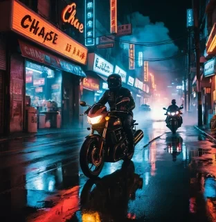 A wide, neon-lit boulevard at night, with vibrant shop signs and bright lights reflecting off the wet pavement. The man on the black motorcycle speeds down the road, leaving the chaos of the alley behind. His face is serious, visible through his helmet as he focuses on the road ahead. In the background, a massive fire burns, smoke and embers filling the night sky. The man and his motorcycle cut through the cityscape, the neon lights and reflections adding to the futuristic, high-speed vibe of the chase