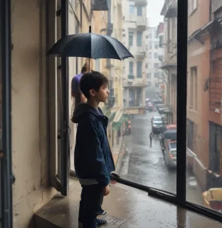 a boy who is looking out the window. he is at the third floor. and seeing a girl who is walking on the street. It rains and she doesn't have an umbrella