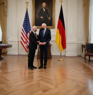 create an ultra realistic image capturing the moment us president biden receives the prestigious order of merit of the federal republic of germany, showcasing the deep bond between the usa and germany. the scene should feature biden being presented with the award, surrounded by symbols of transatlantic unity, such as flags, historical references, and diplomatic elements. ensure the composition highlights the emotional impact of the honor, emphasizing biden's dedication to international