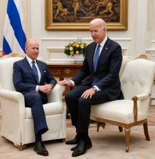 Joe Biden sits on the lap of Russian President Putin