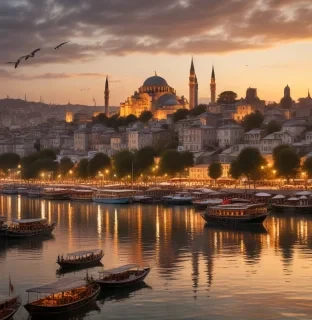 "An enchanting scene of Istanbul during the golden hour, where the sun sets behind the majestic Hagia Sophia, casting warm, golden light over the historic skyline. In the foreground, the Bosphorus shimmers with reflections of the setting sun, and traditional wooden boats gently glide across the water. The towering Galata Tower stands proudly on the horizon, surrounded by narrow, cobbled streets and bustling markets filled with vibrant colors and the scent of freshly brewed Turkish coffee. The city is alive with a blend of ancient and modern architecture, and seagulls soar overhead, adding to the atmosphere of this timeless, cultural crossroads.