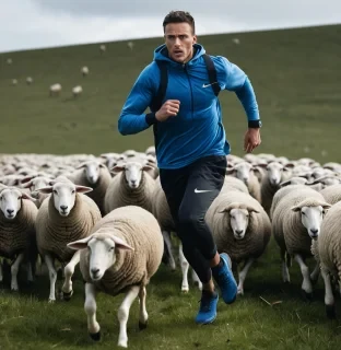 a shepherd chasing sheep, dark but blue-eyed, wearing nike sportswear