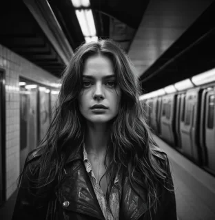 a woman with long hair in a subway station, in the style of black and white imagery, gritty hollywood glamour, made of glass, soft femininity, exaggerated facial features, wet-on-wet blending, captivating gaze --ar 71:128 --stylize 750 --v 6