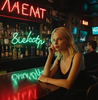 a blonde woman sitting at the bar, “MERT” written in neon on the bar. the writing and everything is perfect