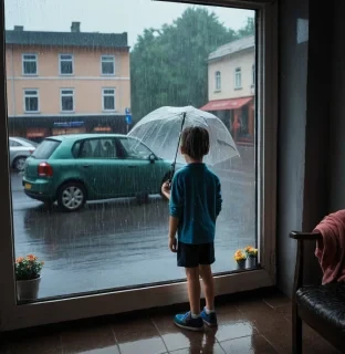 there is a boy at the window and looking at a girl who is walking on the street. It rains and she doesn't have an umbrella