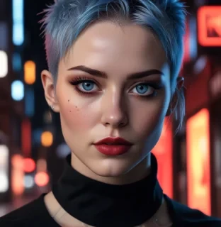 ultra realistic close up portrait ((beautiful pale cyberpunk female with heavy black eyeliner)), blue eyes, shaved side haircut, hyper detail, cinematic lighting, magic neon, dark red city, canon eos r3, nikon, f/1.4, iso 200, 1/160s, 8k, raw, unedited, symmetrical balance, in frame, 8k