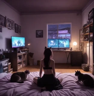 A girl streaming on twitch, anime style, night time, LEDs al over the room, and 3 cats sleeping