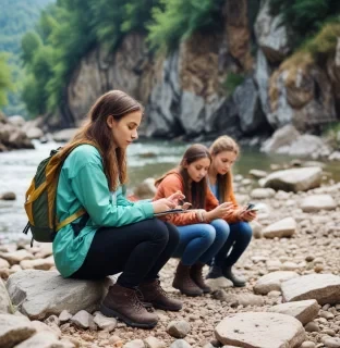 teenagers engaged in geology in the mountains by the river, where the beautiful nature, very beautiful, in the presence of a young woman leader. teenagers are very interested in what they do, it makes them better and happier. no gadgets, no phones, no internet
