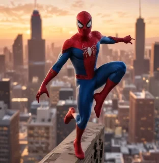 A young Spider-Man stands atop a tall building against the backdrop of a city skyline at sunset. In his red and blue costume, he strikes a web-slinging pose, eyes focused on a looming danger. The city lights begin to twinkle as dusk falls, creating a vibrant and dynamic atmosphere.