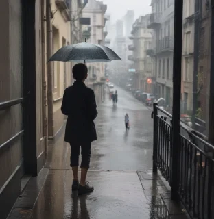 a boy who is looking out the window. he is at the third floor. and seeing a girl who is walking on the street. It rains and she doesn't have an umbrella