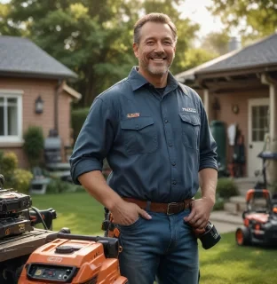a realistic and detailed portrait of john, a middle aged caucasian man, smiling confidently while standing next to his power tools and lawn equipment in a well lit outdoor setting. the focus is on john, with a visible dubois battery product prominently displayed in the foreground. the background features a sunny day in his backyard, conveying a professional yet relaxed atmosphere, showcasing the reliability and trustworthiness of dubois battery. hyperrealistic, full body, detailed clothing, highly detailed, cinematic lighting, stunningly beautiful, intricate, sharp focus, f/1. 8, 85mm, (centered image composition), (professionally color graded), ((bright soft diffused light)), volumetric fog, trending on instagram, trending on tumblr, HDR 4K, 8K