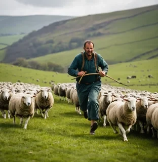 a shepherd chasing sheep