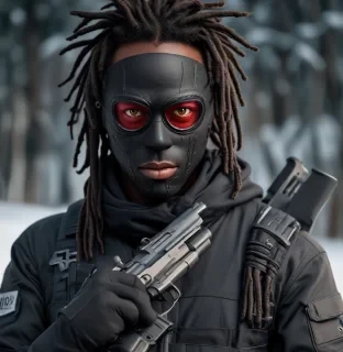 red eyes black guy wearing a ski mask with a gun and with dreads