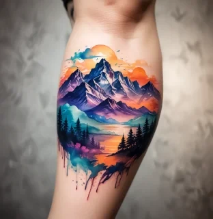 Design a tattoo for the side of the upper arm featuring an abstract watercolor mountain landscape. The composition should include sweeping mountain silhouettes in varying heights, layered with vibrant hues of teal, deep purple, and sunset orange, creating a dreamy, ethereal effect. Incorporate delicate splashes and drips of color to enhance the watercolor style, giving a fluid and organic feel. The tattoo should be medium-sized, wrapping slightly around the arm to create a sense of movement. Intricate textures resembling brush strokes and soft gradients should add depth. Symbolically, the mountains represent strength and resilience, while the colors evoke a sense of calm and adventure. The overall mood should be uplifting and inspiring, blending artistic freedom with nature’s beauty, perfect for someone seeking a unique and meaningful piece of body art.