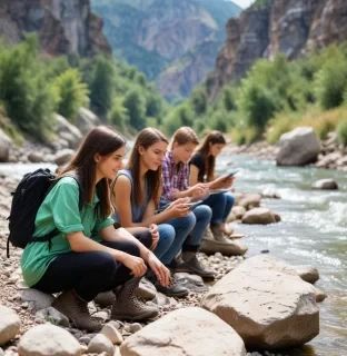 teenagers engaged in geology in the mountains by the river, where the beautiful nature, very beautiful, in the presence of a young woman leader. teenagers are very interested in what they do, it makes them better and happier. no gadgets, no phones, no internet