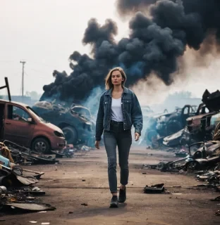 a woman walking on the junkyard, smoke on background