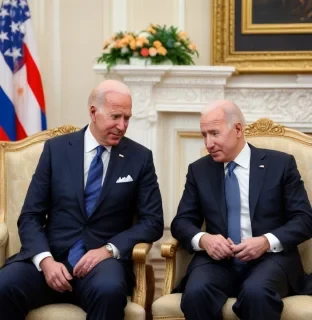 Joe Biden sits on the lap of Russian President Putin