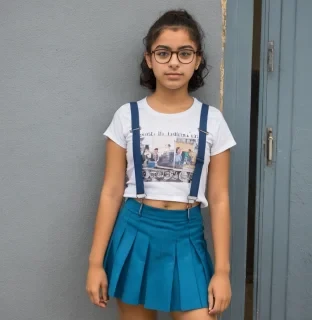 Sofia, 18 years old and wearing glasses. she is Latin American and goes to school. she has a mini skirt and a T-shirt with straps