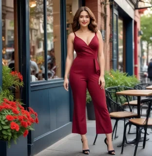 A confident woman with a curvy figure stands tall, showcasing her shoulder-length, wavy chestnut hair that frames her heart-shaped face. Her warm caramel skin glows under the soft light, highlighting her full lips painted in a bold red and expressive hazel eyes accentuated by subtle eyeliner. She wears a sleek, form-fitting navy blue jumpsuit that cinches at the waist, emphasizing her hourglass shape, with wide legs that flow elegantly to her ankles. On her feet are stylish black stiletto heels that add height and sophistication. With a playful smile, she leans slightly to one side, one hand on her hip, exuding self-assuredness. The background features a chic urban café with outdoor seating, vibrant flowers, and a hint of city life, creating a lively yet relaxed atmosphere.