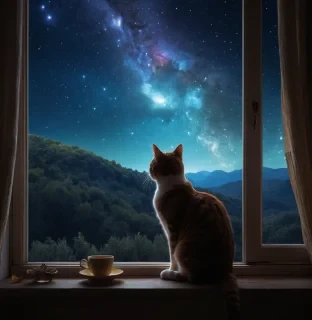 The night sky is visible outside the window, where the Orion constellation glows softly. The woman feels a deep connection to the stars, as if the cat is a messenger of ancient wisdom, bringing love and guidance to her life.