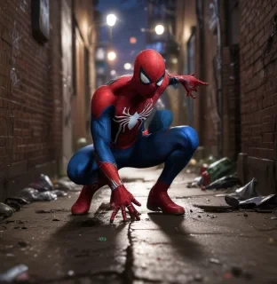 Spider-Man faces off against multiple foes in a dimly lit alley. His red and blue suit glimmers under the streetlamp's glow. The alley is cluttered with debris and graffiti, adding to the tension of the scene. Spider-Man is caught in action, launching a web to ensnare one of his enemies.