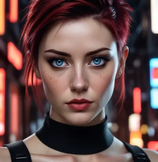 ultra realistic close up portrait ((beautiful pale cyberpunk female with heavy black eyeliner)), blue eyes, shaved side haircut, hyper detail, cinematic lighting, magic neon, dark red city, canon eos r3, nikon, f/1.4, iso 200, 1/160s, 8k, raw, unedited, symmetrical balance, in frame, 8k
