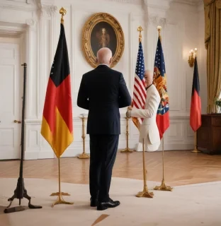 create an ultra realistic image capturing the moment us president biden receives the prestigious order of merit of the federal republic of germany, showcasing the deep bond between the usa and germany. the scene should feature biden being presented with the award, surrounded by symbols of transatlantic unity, such as flags, historical references, and diplomatic elements. ensure the composition highlights the emotional impact of the honor, emphasizing biden's dedication to international