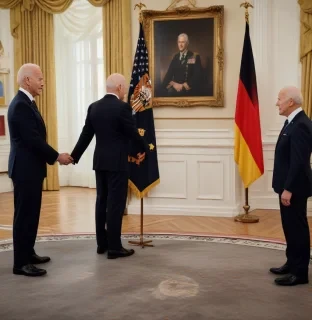create an ultra realistic image capturing the moment us president biden receives the prestigious order of merit of the federal republic of germany, showcasing the deep bond between the usa and germany. the scene should feature biden being presented with the award, surrounded by symbols of transatlantic unity, such as flags, historical references, and diplomatic elements. ensure the composition highlights the emotional impact of the honor, emphasizing biden's dedication to international
