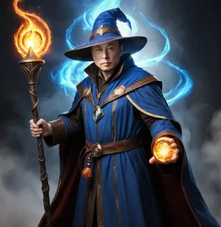 Musk is wearing a mage robe and a mage hat, holding a staff and casting fireballs.