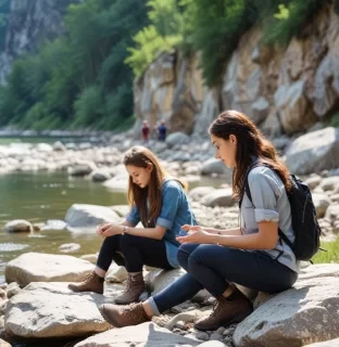 teenagers engaged in geology in the mountains by the river, where the beautiful nature, very beautiful, in the presence of a young woman leader. teenagers are very interested in what they do, it makes them better and happier. no gadgets, no phones, no internet