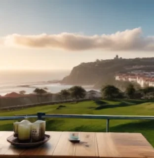 a golfer admiring a scenic view on a picturesque course overlooking the atlantic ocean, while in the background, viana do castelo’s historic streets come alive with the hustle of daily local life, and a table is set with traditional portuguese dishes. hyperrealistic, full body, detailed clothing, highly detailed, cinematic lighting, stunningly beautiful, intricate, sharp focus, f/1. 8, 85mm, (centered image composition), (professionally color graded), ((bright soft diffused light)), volumetric fog, trending on instagram, trending on tumblr, HDR 4K, 8K