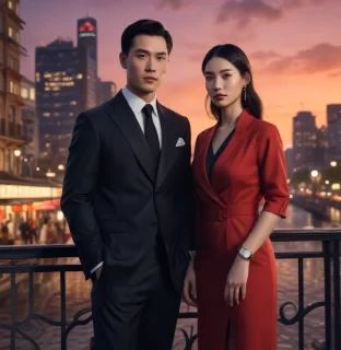 a photorealistic, highly detailed image of a chinese man and woman, both in their late 20s or early 30s, wearing stylish attire, standing side by side against a backdrop of a vibrant cityscape at sunset. the man is wearing a dark suit and a trifoglio italia watch on his wrist, while the woman is wearing a chic dress and a trifoglio italia watch on her wrist. the image should convey a sense of sophistication, elegance, and modern style, with a focus on the watches as key accessories. the lighting should be cinematic and warm, highlighting the details of the watches and the couple's attire. the mood should be celebratory and engaging, capturing the essence of the brand's values. the image should be appropriate for an instagram story, with a dynamic composition that captures the attention of the viewer hyperrealistic, full body, detailed clothing, highly detailed, cinematic lighting, stunningly beautiful, intricate, sharp focus, f/1. 8, 85mm, (centered image composition), (professionally color graded), ((bright soft diffused light)), volumetric fog, trending on instagram, trending on tumblr, HDR 4K, 8K