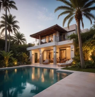 beautiful luxury spanish contemporary pool villa with tropical garden hyperrealistic, full body, highly detailed, cinematic lighting, stunningly beautiful, sharp focus, (professionally color graded), ((bright soft diffused light)), trending on instagram, trending on tumblr, hdr 4k, 8k hyperrealistic, full body, detailed clothing, highly detailed, cinematic lighting, stunningly beautiful, intricate, sharp focus, f/1. 8, 85mm, (centered image composition), (professionally color graded), ((bright soft diffused light)), volumetric fog, trending on instagram, trending on tumblr, HDR 4K, 8K