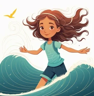 border girl shine energy and simple illustration waves. little winde flow around clotches