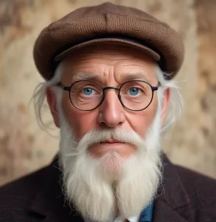 An elderly man with a weathered face, wearing round black-rimmed glasses and a knitted brown hat. He has a full white beard and mustache, and his expressive blue eyes look directly at the viewer, conveying wisdom and a sense of deep thought. His gray eyebrows are thick, and his skin shows the marks of age. The man is dressed in a simple brown jacket with a shirt underneath, and the background is slightly blurred with warm tones, suggesting an indoor setting, possibly a workshop or study. The lighting is soft, emphasizing the details of his facial features, adding a natural, intimate feel to the portrait.