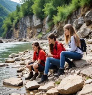 teenagers engaged in geology in the mountains by the river, where the beautiful nature, very beautiful, in the presence of a young woman leader. teenagers are very interested in what they do, it makes them better and happier. no gadgets, no phones, no internet