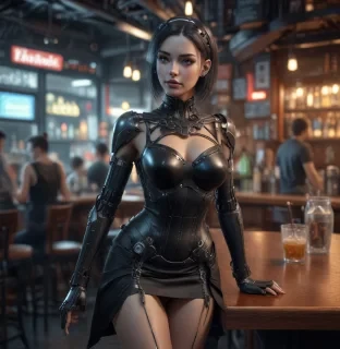 digital art, anime, slutty cybernetic android woman in a bar in a black dress, pixar style hyperrealistic, full body, detailed clothing, highly detailed, cinematic lighting, stunningly beautiful, intricate, sharp focus, f/1. 8, 85mm, (centered image composition), (professionally color graded), ((bright soft diffused light)), volumetric fog, trending on instagram, trending on tumblr, HDR 4K, 8K
