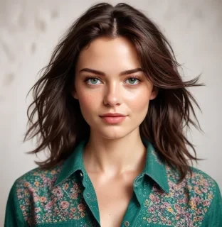 A young woman with tousled, shoulder-length brunette hair and striking emerald green eyes stands confidently, her gaze fixed on the viewer. Her oval face features high cheekbones, a small nose, and full lips curved into a subtle smile. Her skin has a warm, olive undertone with a light dusting of freckles across her nose and cheeks. She has an average height and a slender yet athletic build, with toned arms and legs.  The woman wears a vibrant, short-sleeved button-up shirt adorned with a bold, abstract pattern featuring swirls of teal, magenta, and golden yellow on a white background. The shirt is tucked into high-waisted, dark wash denim jeans that hug her curves. On her feet are simple white canvas sneakers.  Her posture is relaxed yet self-assured, with one hand resting on her hip and the other casually brushing a stray lock of hair behind her ear. The background is a soft blur of warm, neutral tones, suggesting an indoor setting with natural light streaming in from the left, casting a gentle glow on her features and accentuating the vivid colors of her shirt.