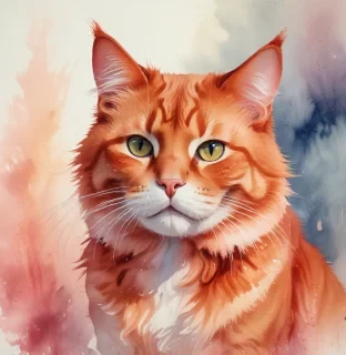 artwork red cat mei kun ar 3:2, watercolor techniques, featuring fluid colors, subtle gradients, transparency associated with watercolor art
