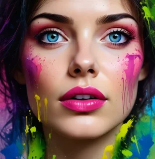 create a painting featuring a face with abstract and expressionist influences. use a palette of bright, vivid colors including pink, purple, green, and yellow, incorporating dynamic splatter effects and overlapping brush strokes. the subject should possess striking features like bright blue eyes and full red lips, presenting an ethereal and slightly surreal appearance. the background should seamlessly blend warm and cool tones, contributing to a lively and textured backdrop.