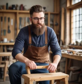 hipster man with a beard, building a chair, in a wood shop