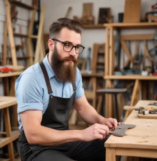 hipster man with a beard, building a chair, in a wood shop